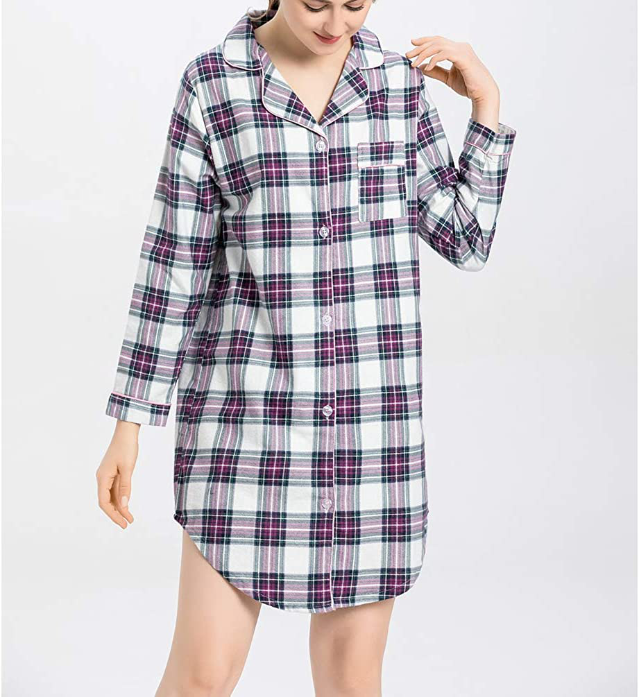 ENJOYNIGHT Women'S Sleep Shirt Flannel Print Pajama Top Button-Front Nightshirt Sleepwear Apparel & Accessories > Clothing > Sleepwear & Loungewear > Nightgowns Kylie Max   