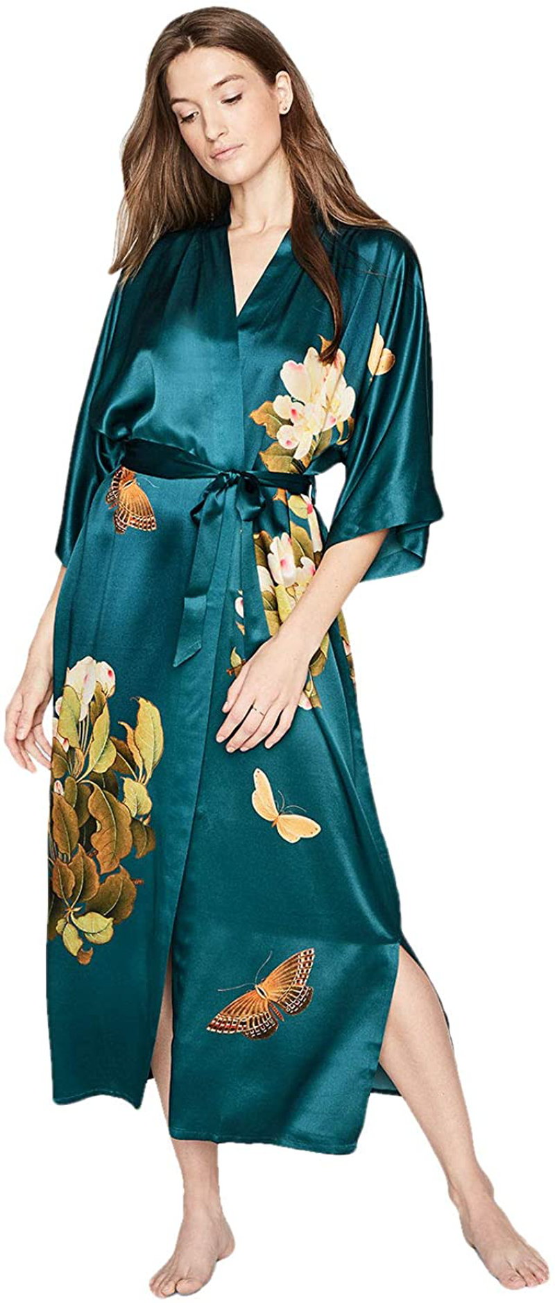 KIM+ONO Women'S Washable Silk Kimono Robe Long - Floral Print Apparel & Accessories > Clothing > Sleepwear & Loungewear > Robes KIM+ONO   
