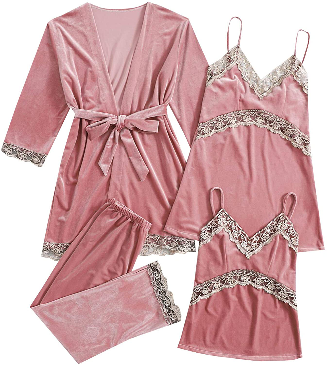 SOLY HUX Women'S Sleepwear 4Pcs Floral Print Satin Cami Pajama Set with Robe Apparel & Accessories > Clothing > Sleepwear & Loungewear Kylie Max   