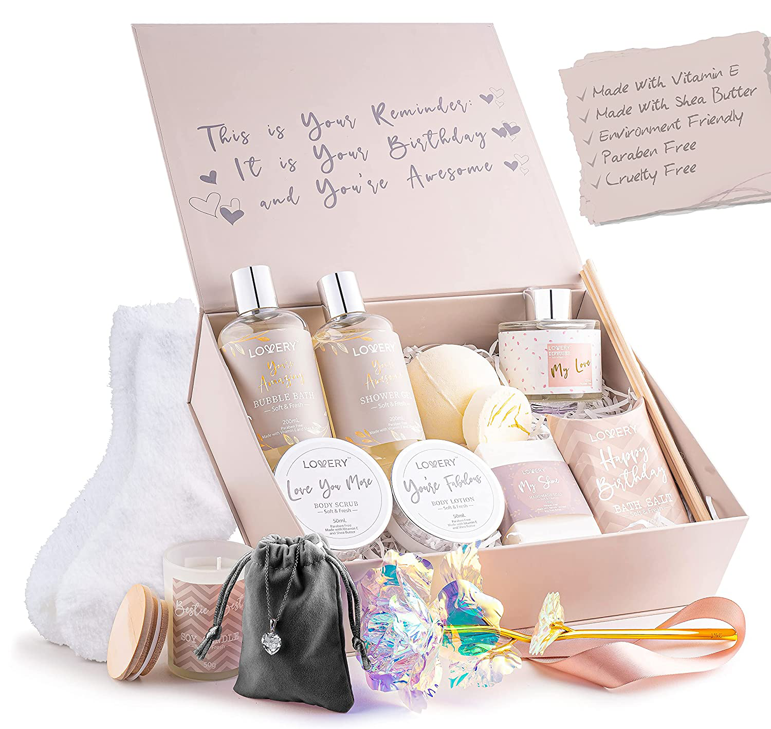 Birthday Gift Basket - Bath and Spa Gift Set for Women - Luxury Birthday Spa Gift Box with Vit E- Rich Bath Essentials, Diffuser, Candle, Sterling Silver CZ Heart Necklace, 24k Flower Rose Gift & More Arts & Entertainment > Party & Celebration > Gift Giving LOVERY   