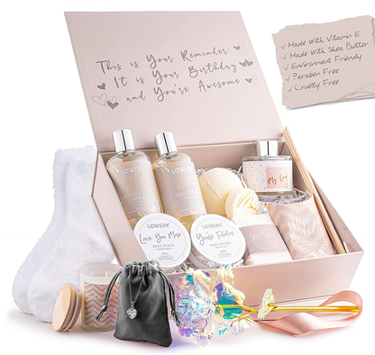 Birthday Gift Basket - Bath and Spa Gift Set for Women - Luxury Birthday Spa Gift Box with Vit E- Rich Bath Essentials, Diffuser, Candle, Sterling Silver CZ Heart Necklace, 24k Flower Rose Gift & More Arts & Entertainment > Party & Celebration > Gift Giving LOVERY   
