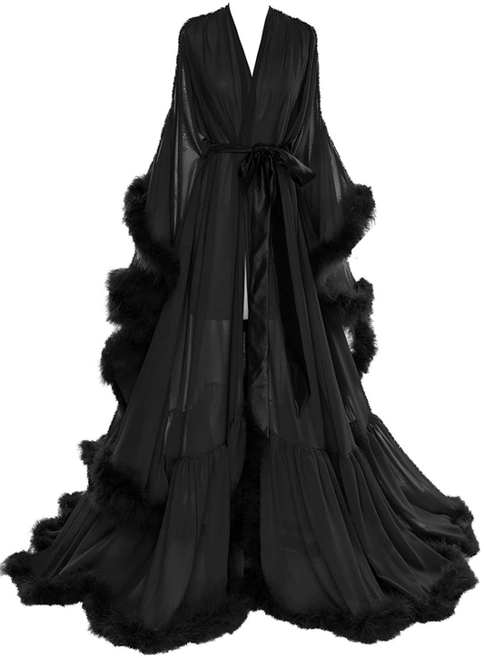 Molisa Women'S Sexy Feather Bridal Robe Long Wedding Scarf Illusion Bathrobe Sleepwear Lingerie Robe Nightgown Apparel & Accessories > Clothing > Sleepwear & Loungewear > Robes Molisa Black Small-Medium 