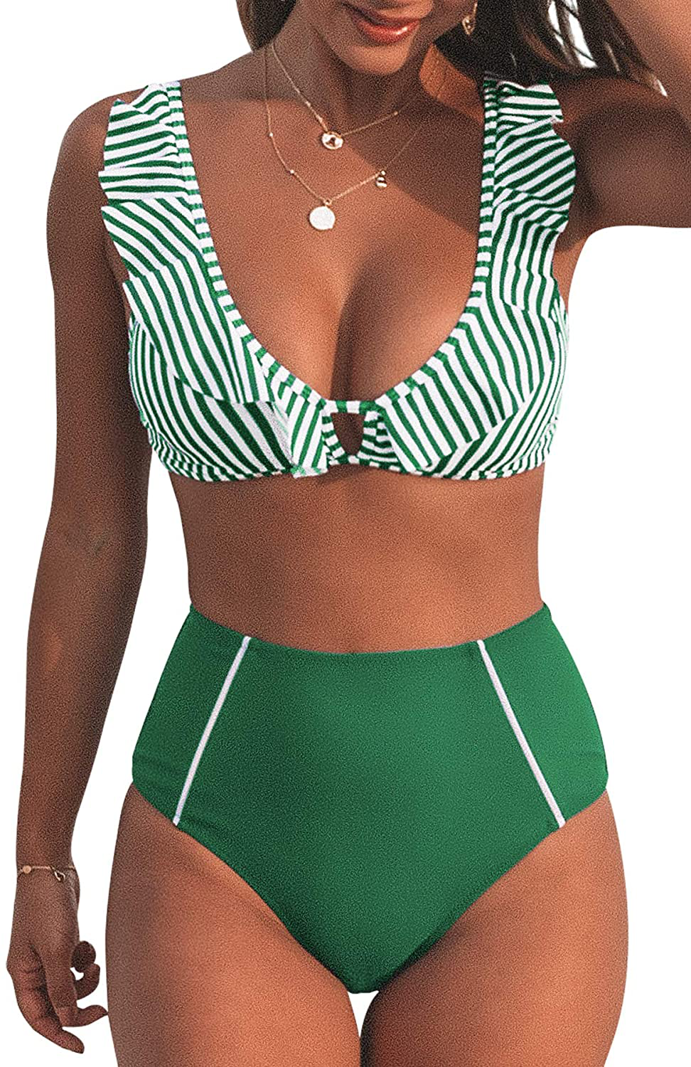 CUPSHE Women's High Waist Bikini Swimsuit Ruffle Floral Print Two Piece Bathing Suit Apparel & Accessories > Clothing > Swimwear CUPSHE Green X-Large 