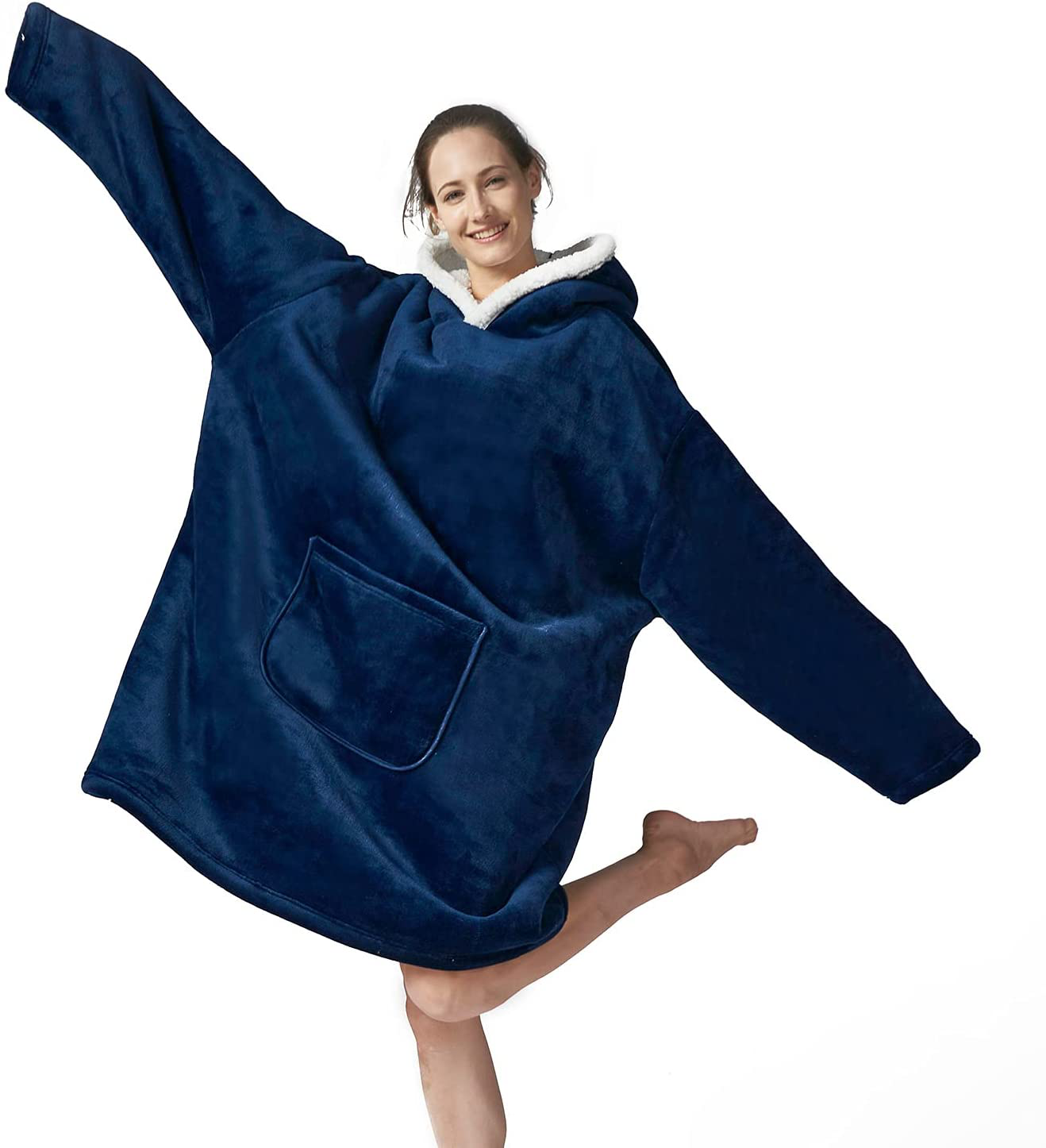 Hansleep Wearable Blanket Sherpa Oversized Sweatshirt with Hoodie, Soft Warm Flannel Fleece Throw Blankets Sweatshirt with Sleeves and Pocket, One Size Fits All (Grey, Medium) Arts & Entertainment > Party & Celebration > Gift Giving Hansleep Navy Medium 