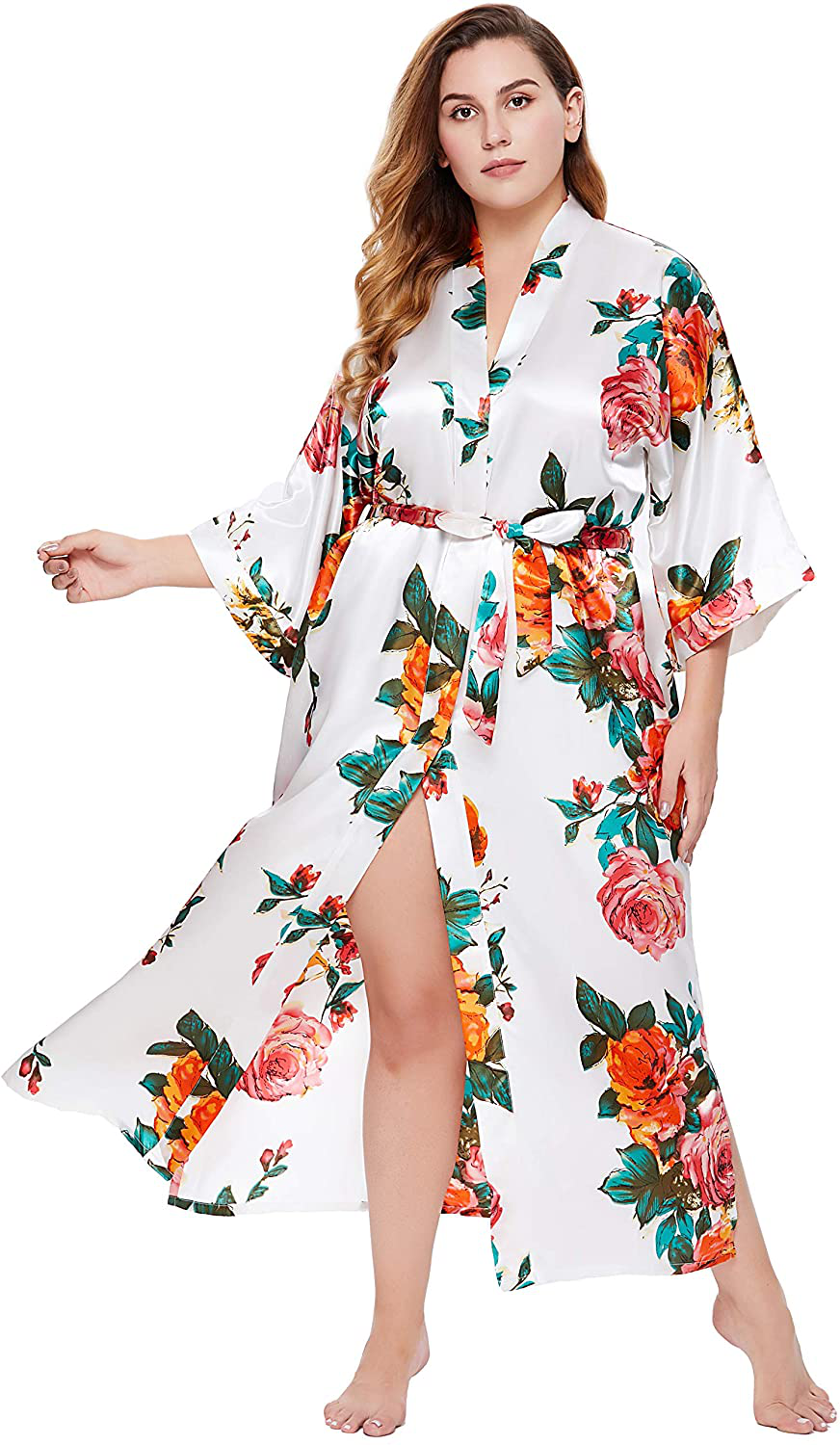 BABEYOND Kimono Robe plus Size Long Floral Satin Robes plus Size Kimono Cover up Loose Cardigan Top Bachelorette Party Robe Apparel & Accessories > Clothing > Sleepwear & Loungewear > Robes KYLIE MAX White  