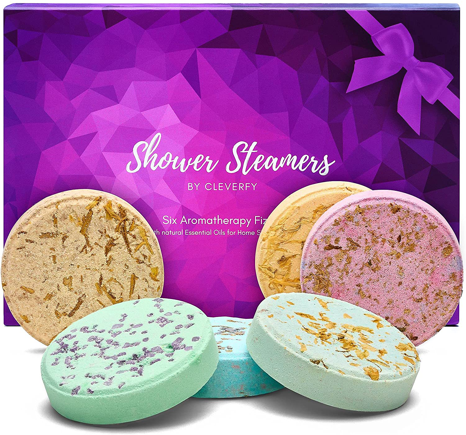 Cleverfy Aromatherapy Shower Steamers - Variety Pack of 6 Shower Bombs with Essential Oils. Purple Set: Lavender, Watermelon, Grapefruit, Menthol & Eucalyptus, Vanilla & Sweet Orange, Peppermint Arts & Entertainment > Party & Celebration > Gift Giving CLEVERFY   