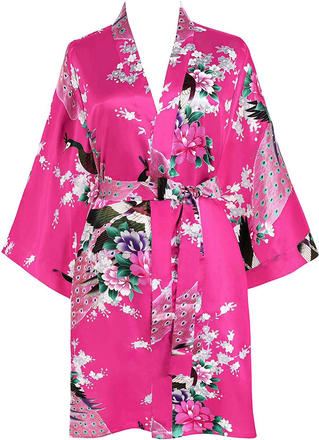 BABEYOND Short Kimono Robe Blouse Peacock Printed Kimono Cover up Loose Cardigen Apparel & Accessories > Clothing > Sleepwear & Loungewear > Robes KYLIE MAX Rose Red  