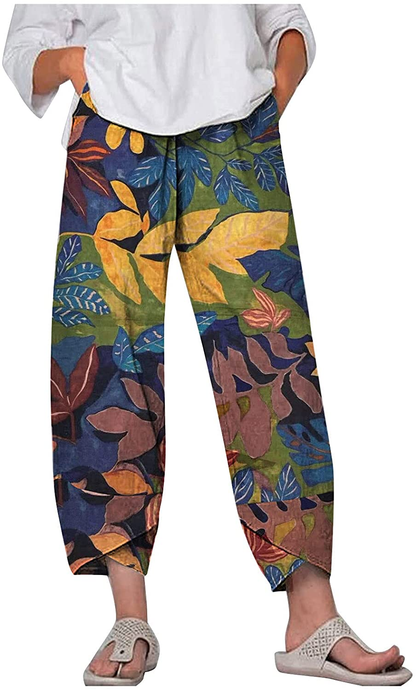 Burband Womens Floral Print Boho Yoga Pants Elephant Linen Harem Pants Wide Leg Work Trousers Palazzo Lounge Hippie Clothes Apparel & Accessories > Clothing > Underwear & Socks > Shapewear Burband Yellow X-Large 
