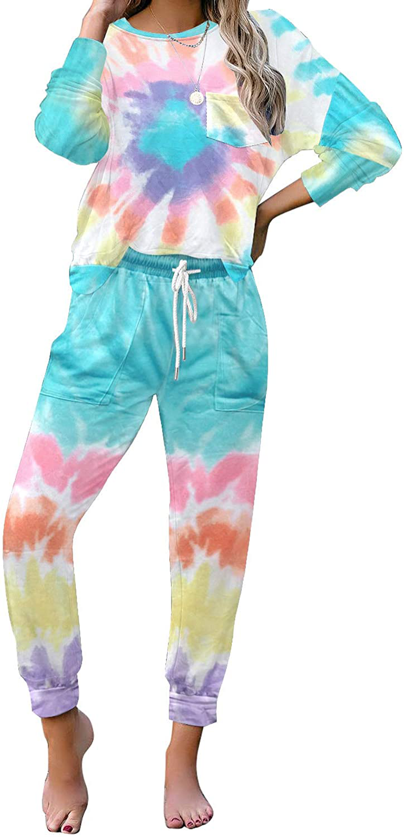 luvamia Women Tie Dye Pajama Sets Long Sleeve Tops and Pants PJ Sets Joggers Loungewear Sleepwear Apparel & Accessories > Clothing > Sleepwear & Loungewear > Pajamas KYLIE MAX Tie Dye Blue-1022 Small 