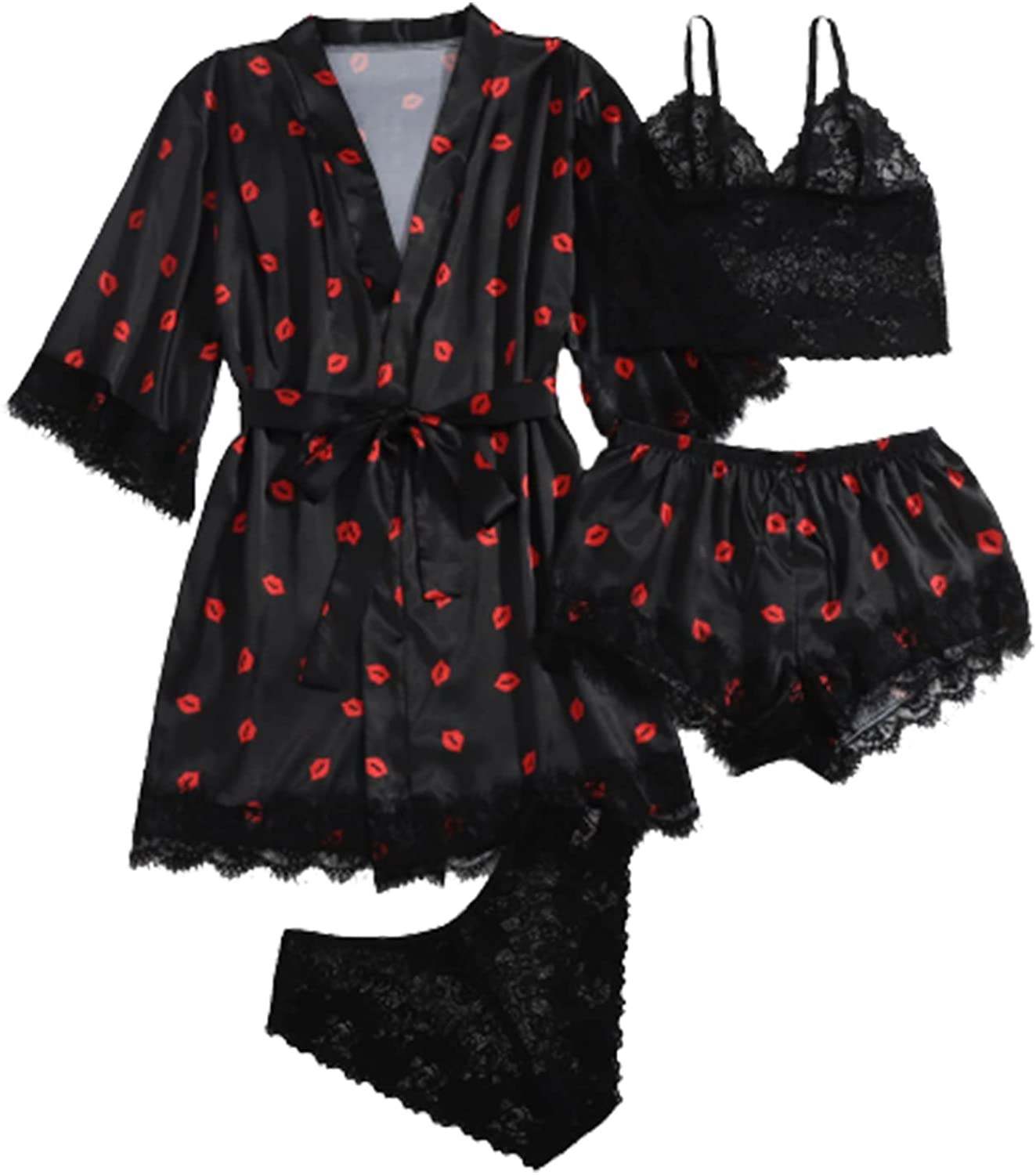 WDIRARA Women'S 4 Pieces Satin Floral Lace Cami Top Lingerie Pajama Set with Robe Apparel & Accessories > Clothing > Underwear & Socks > Lingerie WDIRARA Black Red Lip Medium 