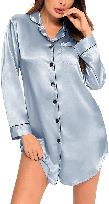 SWOMOG Women'S Satin Sleep Shirt Long Sleeve Sleepwear Silk Nightshirt Button down Pajama Top Apparel & Accessories > Clothing > Sleepwear & Loungewear > Nightgowns Kylie Max   