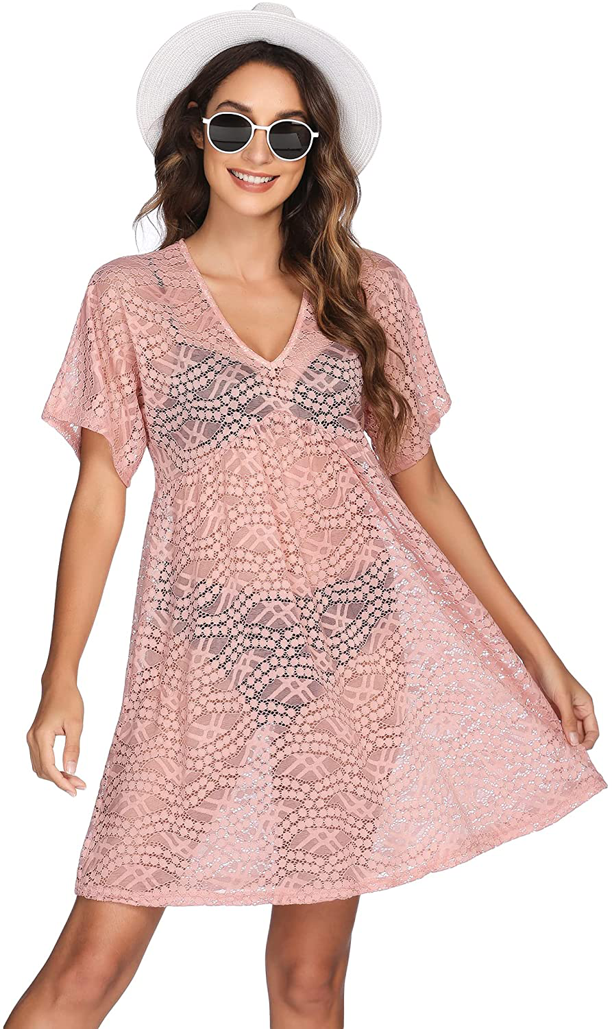 Ekouaer Women Swimsuit Cover Ups Batwing Sleeve Sheer Lace Cover up Bathing Suit Beach Dress Apparel & Accessories > Clothing > Swimwear Kylie Max   