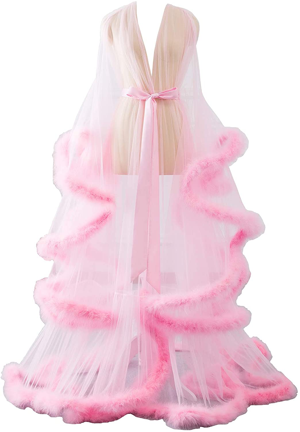 Changuan Sexy Illusion Long Lingerie Robe Nightgown Bathrobe Sleepwear Feather Bridal Robe Wedding Scarf Apparel & Accessories > Clothing > Sleepwear & Loungewear > Robes Changuan Pink 3X-Large 