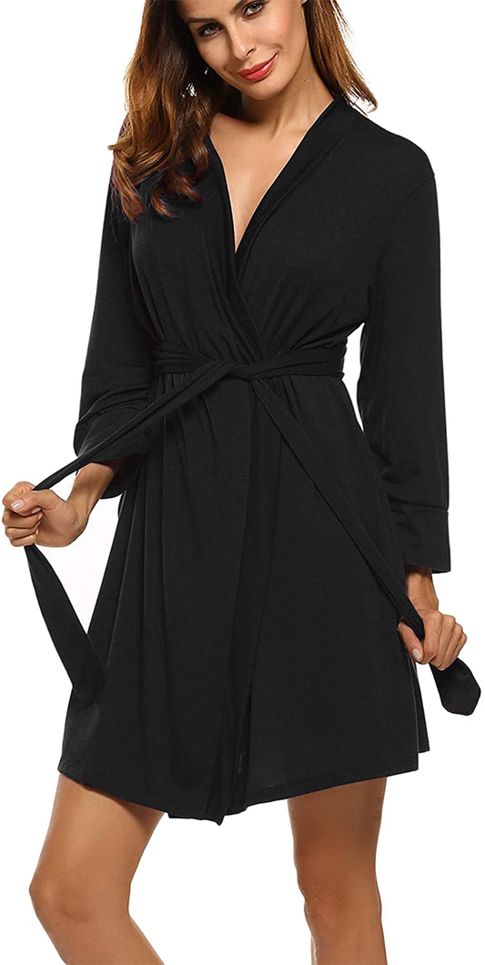 Hotouch Womens Robe Lightweight Kimono Robes Short Knit Bathrobe Soft Sleepwear Ladies Loungewear S-XXL Apparel & Accessories > Clothing > Sleepwear & Loungewear > Robes Hotouch Black X-Small 