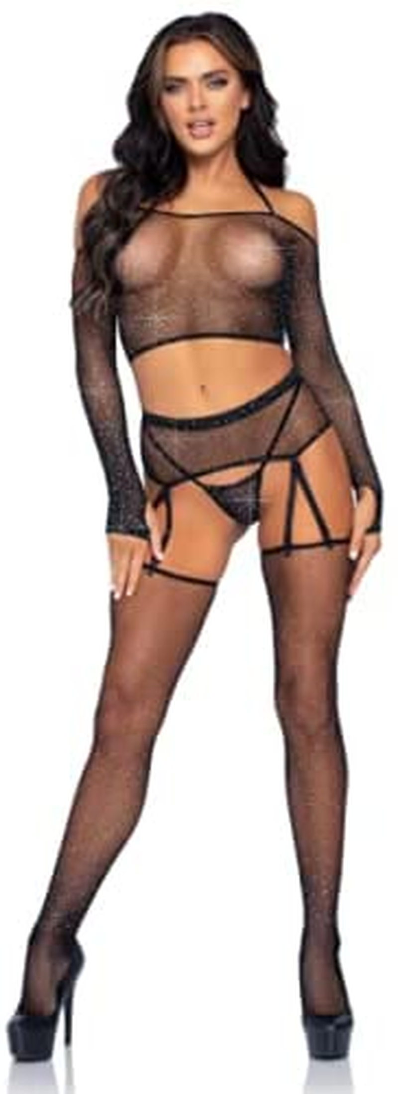Leg Avenue Women'S 4 Pc Long Sleeve Rhinestone Fishnet Crop Top with G-String, Adjustable Garter Belt, and Matching Stockings, Black, O/S Apparel & Accessories > Clothing > Underwear & Socks > Lingerie Leg Avenue   