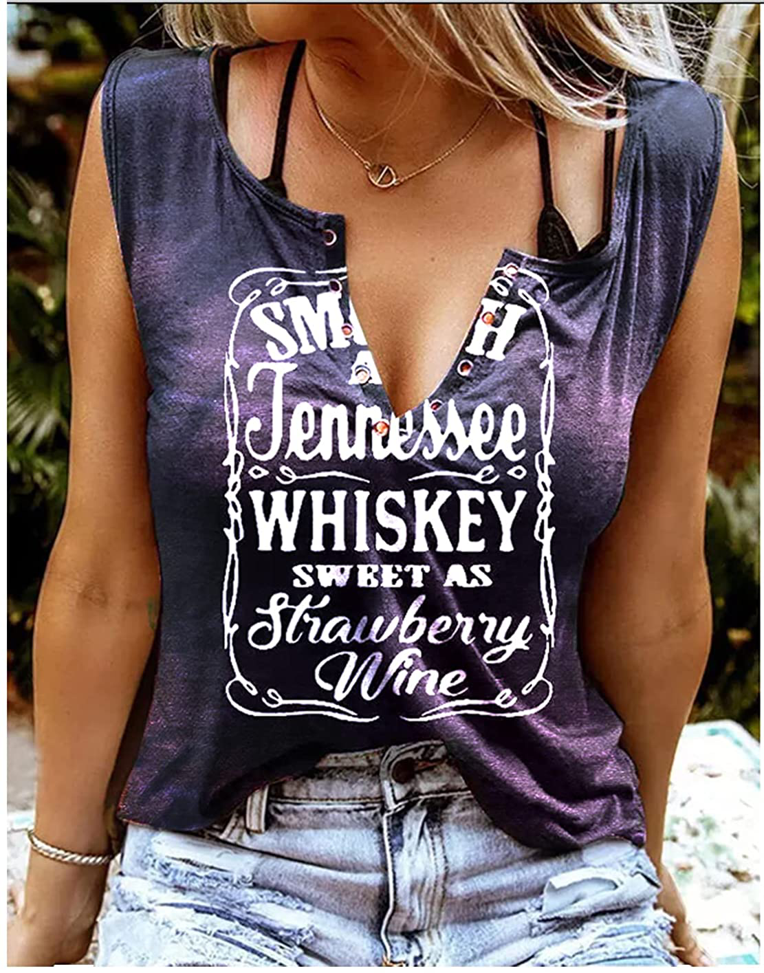Smooth as Tennessee Whiskey Sweet as Strawberry Wine Shirt Ring Hole Sleeveless V-Neck Tank Top Womens Country Music Tee Apparel & Accessories > Clothing > Activewear Kylie Max   