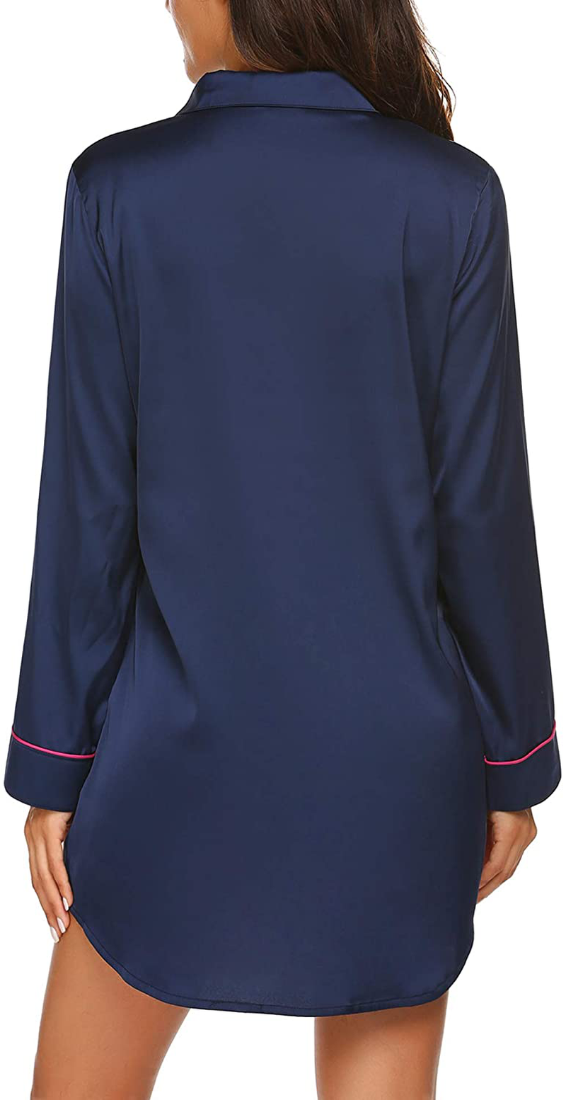 Ekouaer Women'S Long Sleeve Satin Sleepshirt Button down Nightgowns Silk Nightshirt Pajama Top Sleepwear S-XXL Apparel & Accessories > Clothing > Sleepwear & Loungewear > Nightgowns Kylie Max   