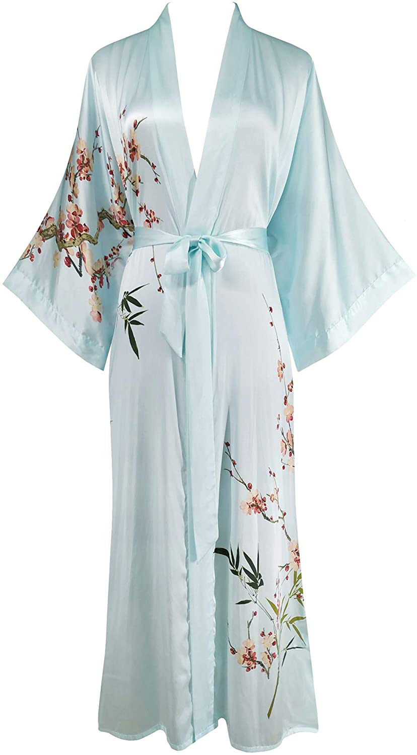 Ledamon Women'S 100% Silk Kimono Long Robe - Classic Colors and Prints Apparel & Accessories > Clothing > Sleepwear & Loungewear > Robes Ledamon Light Blue-a  