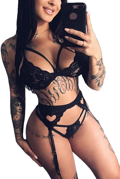 Kaei&Shi Sexy Lingerie for Women, Heart Lingerie Set with Garter Belt, Lace Bondage Lingerie Bra and Panty Sets Apparel & Accessories > Clothing > Underwear & Socks > Lingerie Kaei&Shi Black Large 