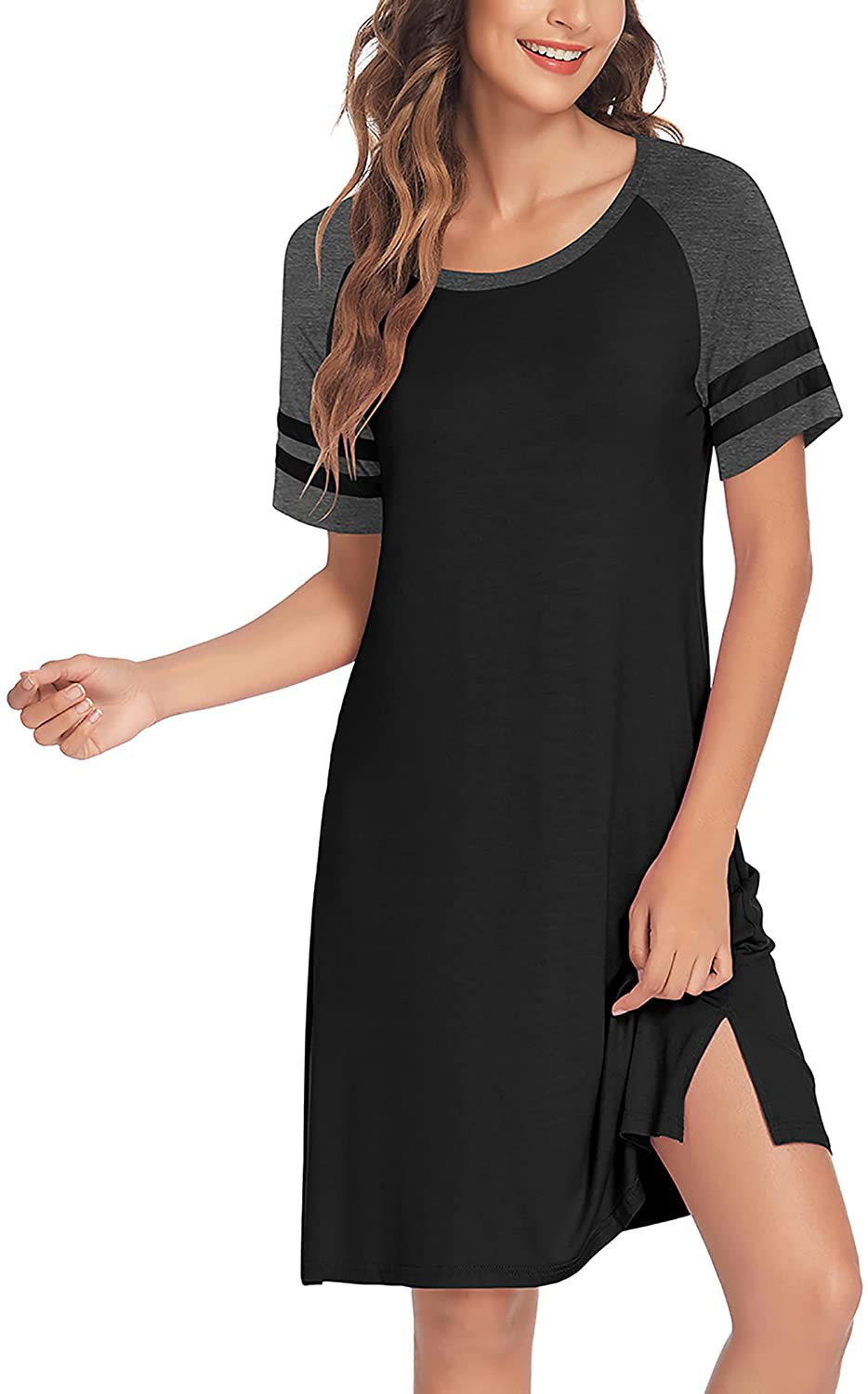 Hotouch Nightshirts Womens Nightgowns Raglan Striped Short Sleeve Sleepwear Comfy Sleepshirt S-XXL Apparel & Accessories > Clothing > Sleepwear & Loungewear > Nightgowns Kylie Max   