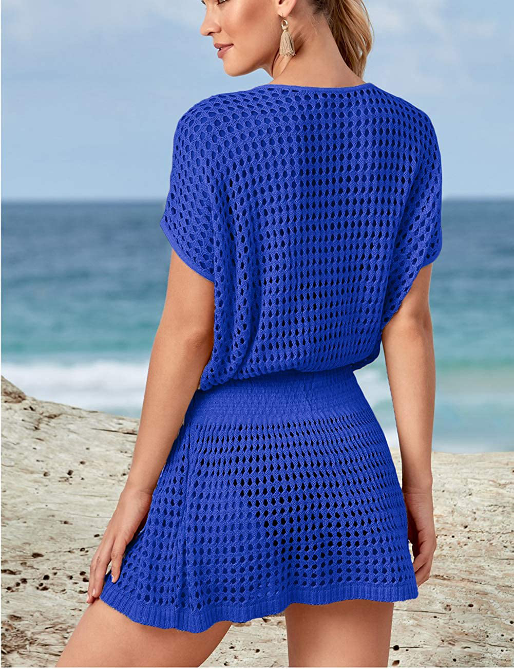 Bsubseach Women Crochet Hollow Out Swim Cover Ups Short Sleeve Beach Swimwear Tunic Dress Apparel & Accessories > Clothing > Swimwear Kylie Max   