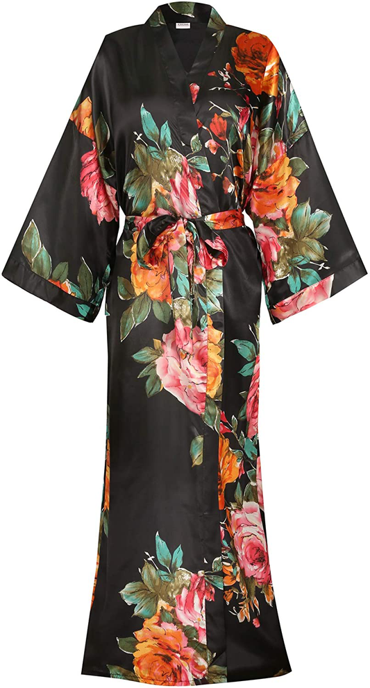 Women'S Long Floral Satin Kimono Robes Bridal Dressing Gown Wedding Bridesmaid Nightgown Apparel & Accessories > Clothing > Sleepwear & Loungewear > Robes goodmansam Black X-Small-Large 