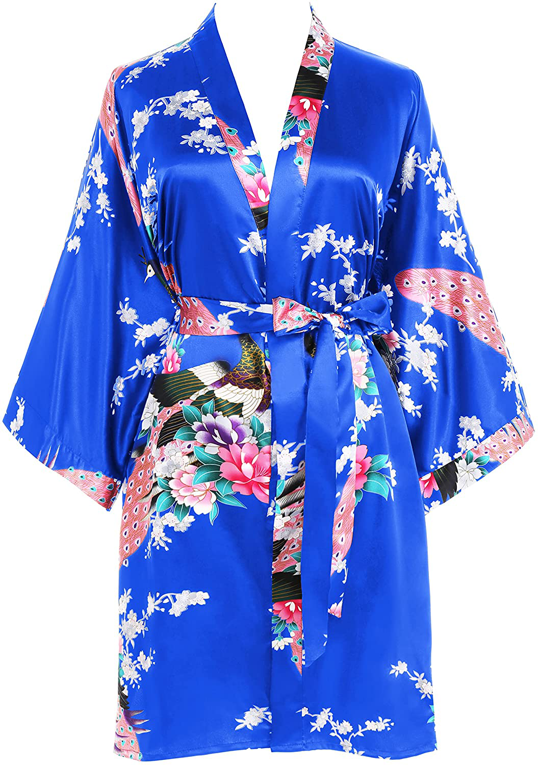 BABEYOND Short Kimono Robe Blouse Peacock Printed Kimono Cover up Loose Cardigen Apparel & Accessories > Clothing > Sleepwear & Loungewear > Robes KYLIE MAX Royal Blue  