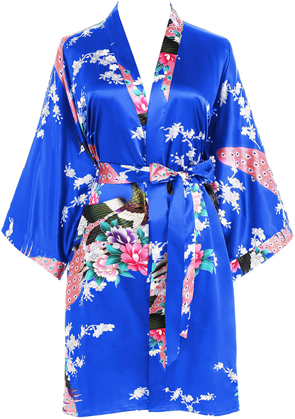BABEYOND Short Kimono Robe Blouse Peacock Printed Kimono Cover up Loose Cardigen Apparel & Accessories > Clothing > Sleepwear & Loungewear > Robes KYLIE MAX Royal Blue  
