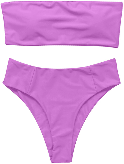 OMKAGI Women's 2 Pieces Bandeau Bikini Swimsuits Off Shoulder High Waist Bathing Suit High Cut Apparel & Accessories > Clothing > Swimwear OMKAGI 3-purple Large 