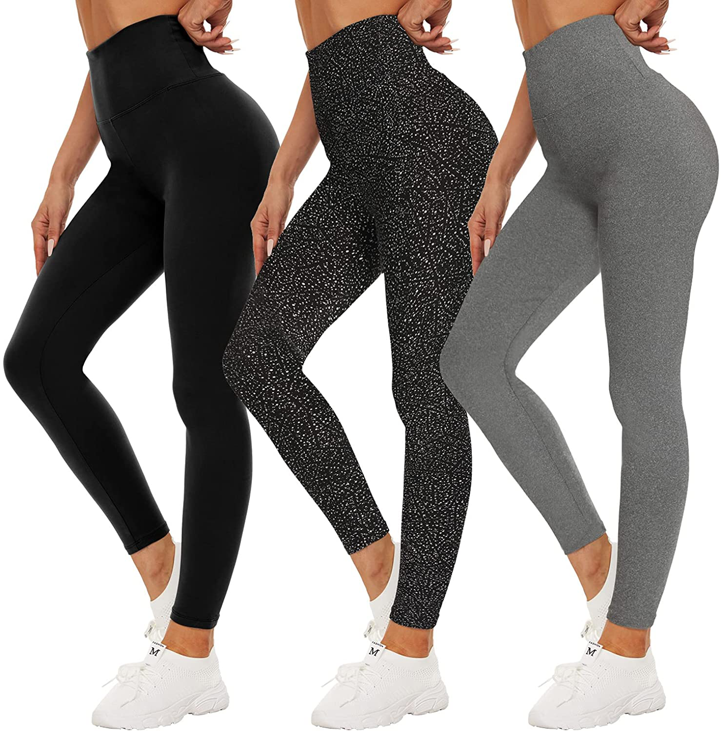 QGGQDD 3 Pack Black High Waisted Leggings for Women - Buttery Soft Workout Yoga Athletic Leggings Apparel & Accessories > Clothing > Activewear QGGQDD Black/ White Dot/ Light Grey Heather Small-Medium 