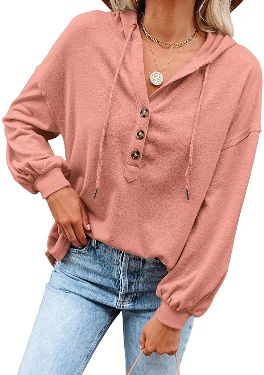 REVETRO Womens V Neck Long Sleeve Henley Shirts Button down Sweatshirts Hoodies Tunic Tops with Drawstring Apparel & Accessories > Clothing > Activewear Kylie Max   