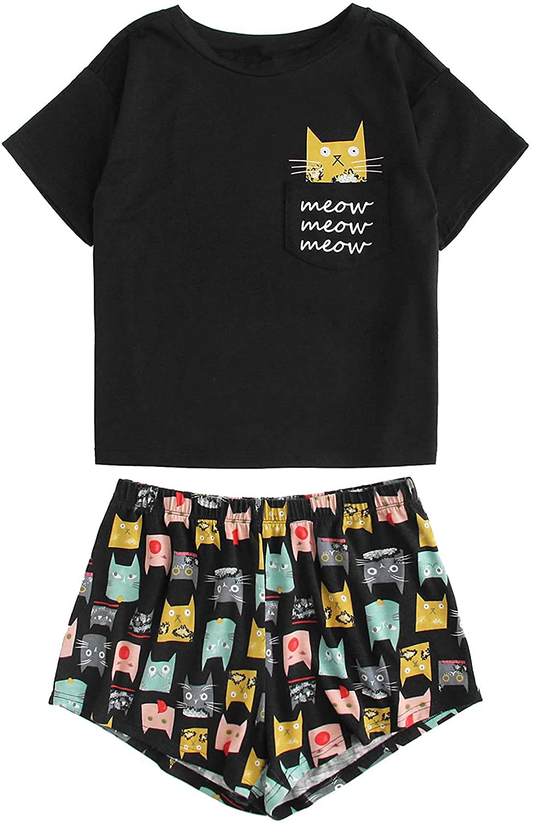 DIDK Women'S Cute Cartoon Print Tee and Shorts Pajama Set Apparel & Accessories > Clothing > Sleepwear & Loungewear > Pajamas Kylie Max   