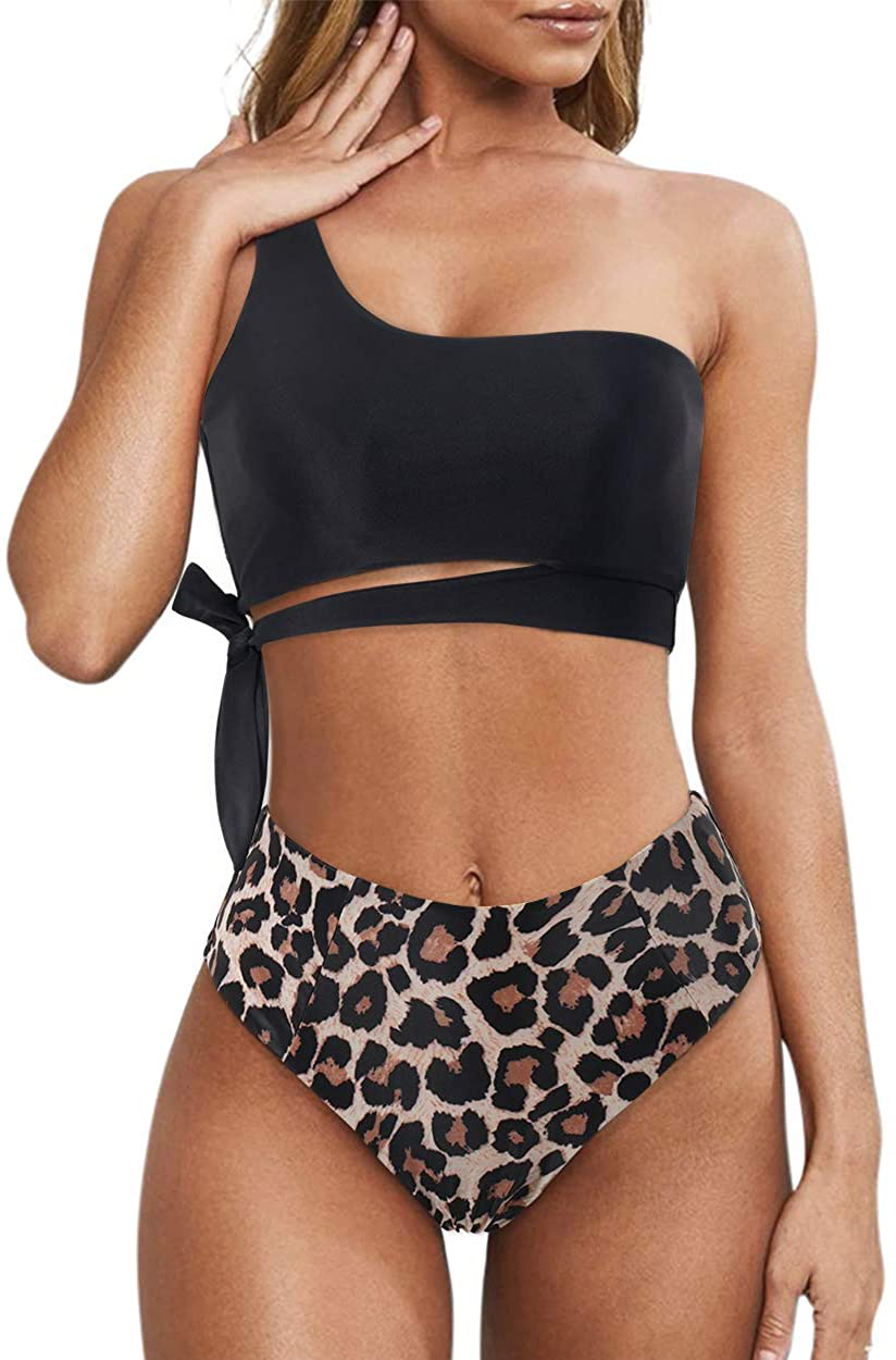 MOOSLOVER Women One Shoulder High Waisted Bikini Tie High Cut Two Piece Swimsuits Apparel & Accessories > Clothing > Swimwear MOOSLOVER Black Panther Large 