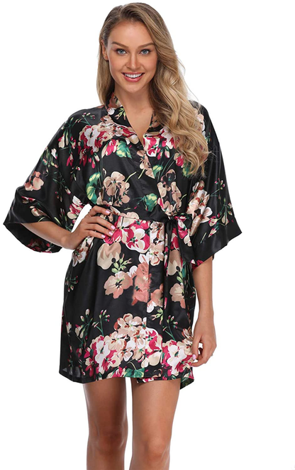 Women'S Floral Satin Kimono Robes Short Bridesmaid Robes for Wedding Party Apparel & Accessories > Clothing > Sleepwear & Loungewear > Robes Super Shopping-zone Black X-Large 