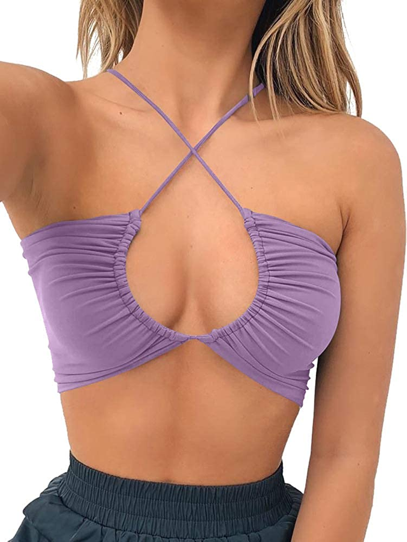 TOB Women'S Sexy Criss Cross Lace up Sling Basic Bow Tie Crop Top Apparel & Accessories > Clothing > Underwear & Socks > Lingerie TOB Lavender Medium 