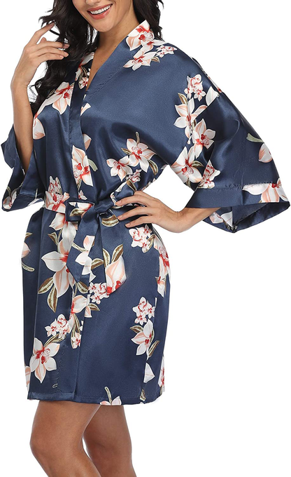 VOGMATE Women'S Floral Satin Short Robe for Bridesmaid Bride Silk Kimono Robe Dressing Gown for Wedding Party Apparel & Accessories > Clothing > Sleepwear & Loungewear > Robes VOGMATE Floral-#76 Navy Medium 