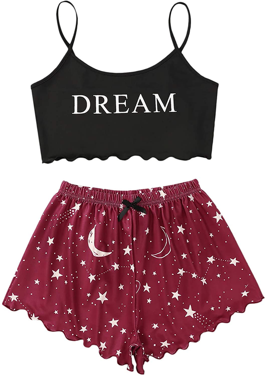 SOLY HUX Women'S Cartoon Print Lettuce Trim Cami Top and Shorts Cute Pajama Set Sleepwear Apparel & Accessories > Clothing > Sleepwear & Loungewear Kylie Max   