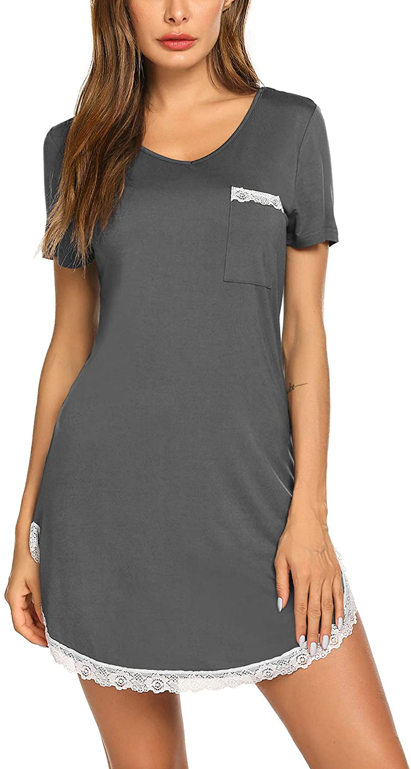 Ekouaer Nightgowns for Women Sexy Sleepshirts V Neck Short Sleeve Sleepwear Lace Trim Soft Short Night Shirts XS-3XL Apparel & Accessories > Clothing > Sleepwear & Loungewear > Nightgowns Kylie Max   