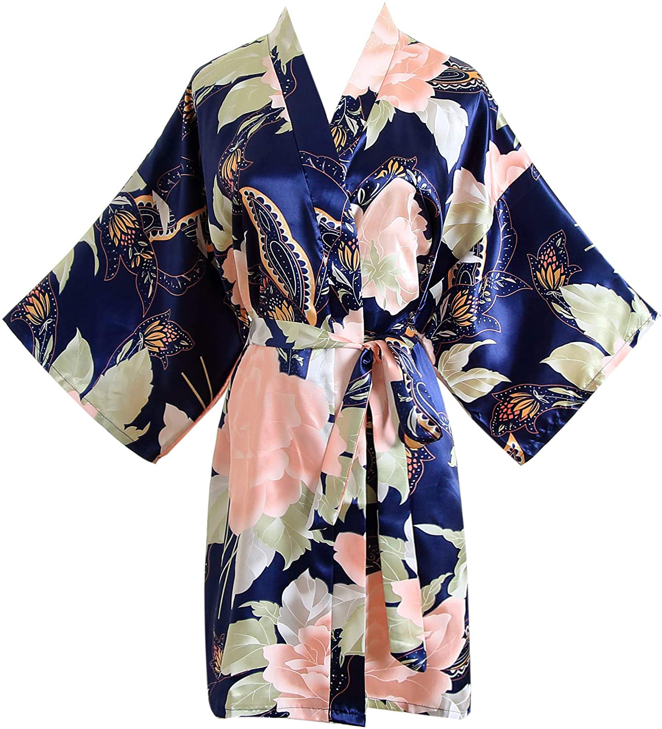 QXQTER Floral Satin Bridal Robe Silk Bridesmaid Robes Bridal Party Robe Dressing Gown Wedding Gifts Apparel & Accessories > Clothing > Sleepwear & Loungewear > Robes QXQTER Navy Blue  