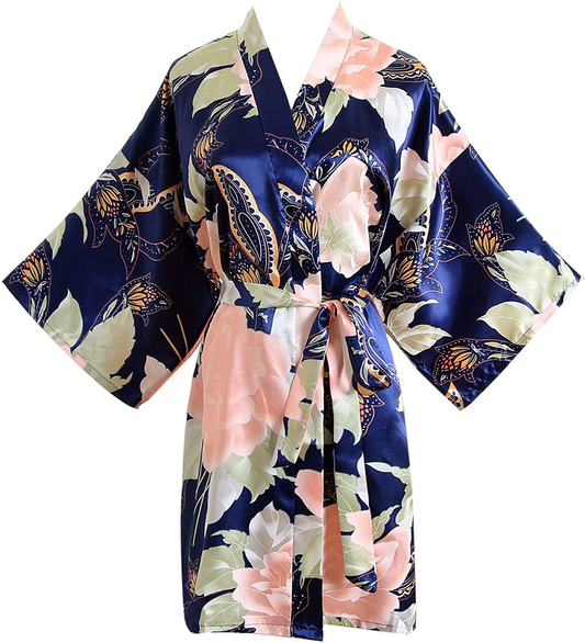 QXQTER Floral Satin Bridal Robe Silk Bridesmaid Robes Bridal Party Robe Dressing Gown Wedding Gifts Apparel & Accessories > Clothing > Sleepwear & Loungewear > Robes QXQTER Navy Blue  