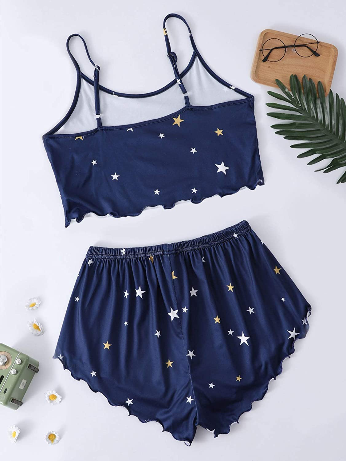 Shein Women'S Cow Print Sleepwear Lace Frill Trim Crop Cami Top and Shorts Pajama Set Apparel & Accessories > Clothing > Sleepwear & Loungewear Kylie Max   