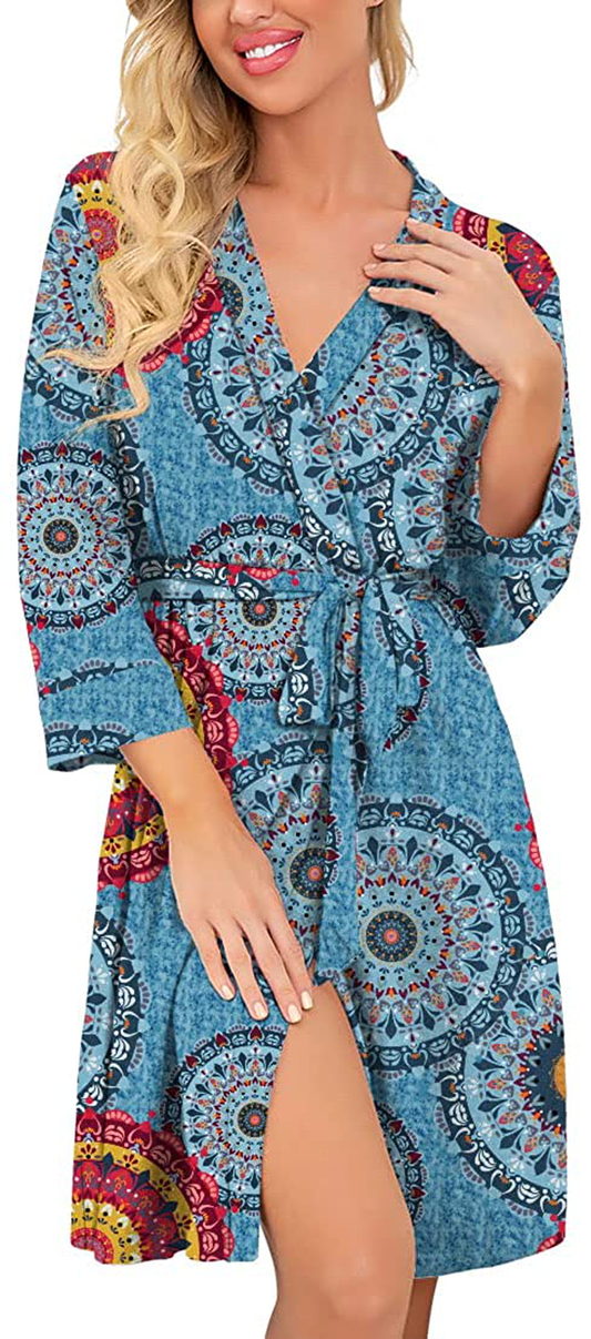 Prinstory Women Kimono Robes Short Lightweight Robe Soft Knit Sleepwear Casual Knit Bathrobe Ladies Loungewear Apparel & Accessories > Clothing > Sleepwear & Loungewear > Robes KYLIE MAX A02 Fp-mix Blue XX-Large 
