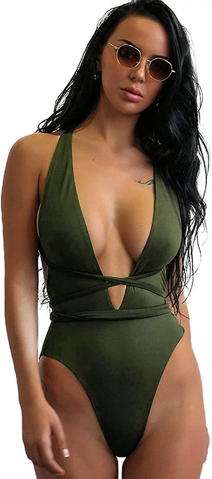 Lilosy Sexy Self Tie Criss Cross Plunge Backless High Cut Thong One Piece Swimsuit for Women Padded Bathing Suit Bikini Apparel & Accessories > Clothing > Swimwear Kylie Max   