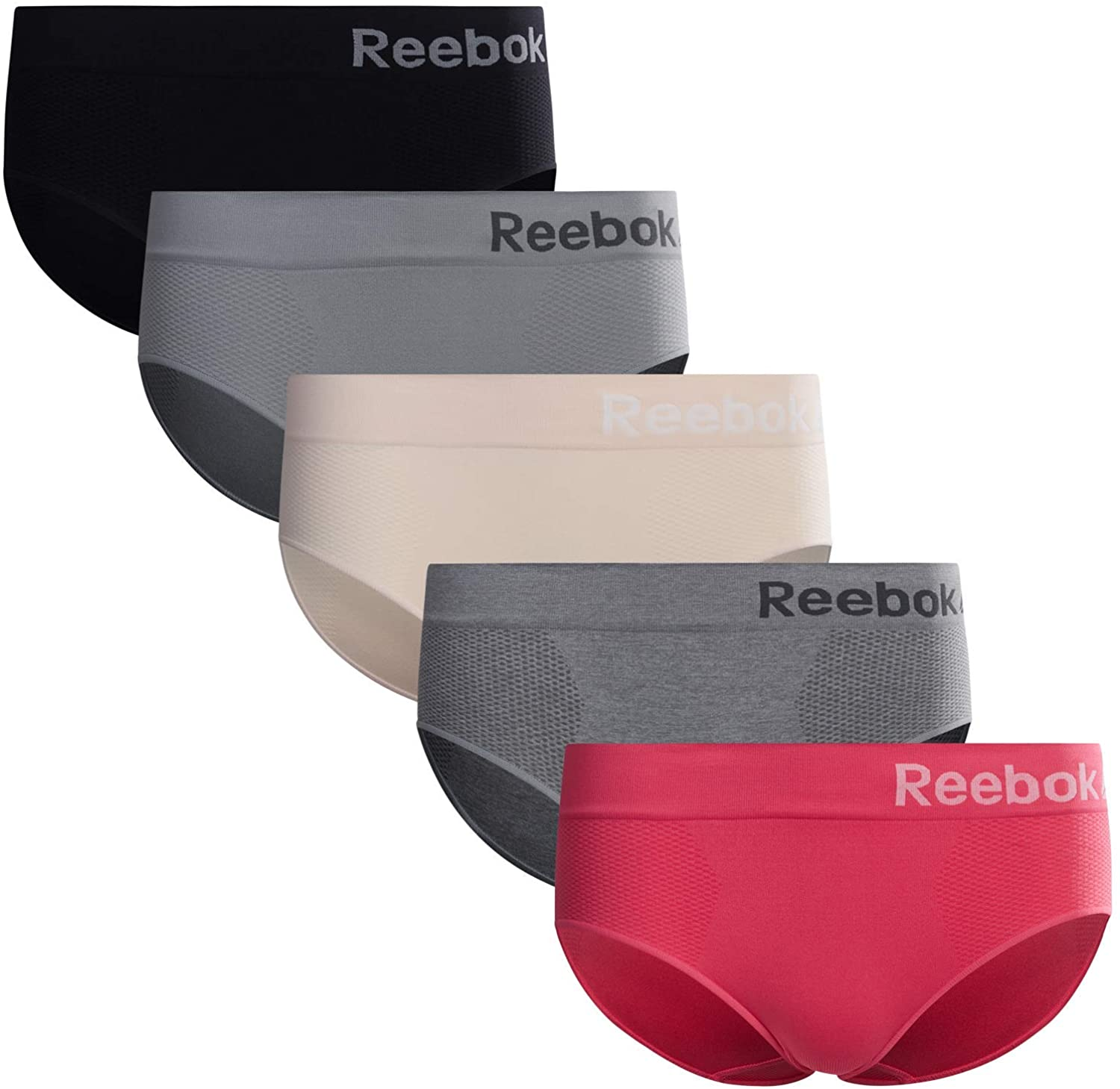 Reebok Women'S Underwear - Seamless Hipster Briefs (5 Pack) Apparel & Accessories > Clothing > Underwear & Socks > Underwear Reebok Black/ Grey/ Nude/ Spacedye Grey/ Hot Pink Large 