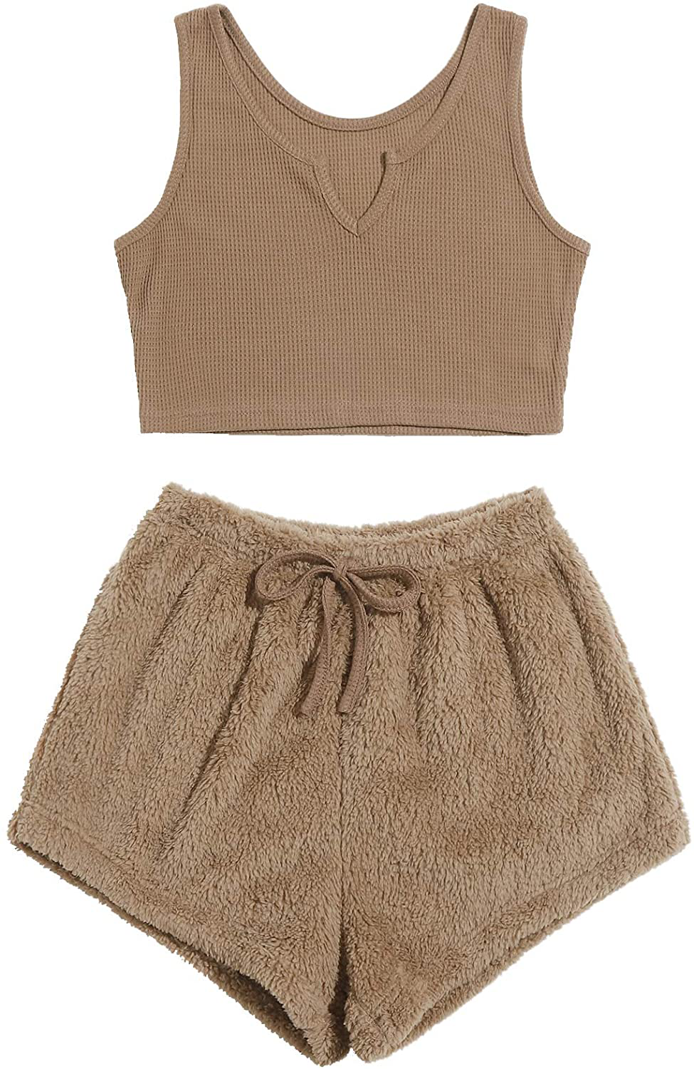 Verdusa Women'S 2 Piece PJ Set Notched Tank Top & Teddy Shorts Fuzzy Lounge Pajama Set Apparel & Accessories > Clothing > Sleepwear & Loungewear Kylie Max   