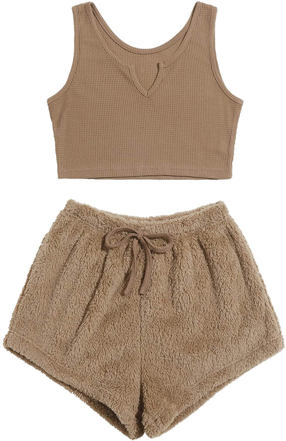 Verdusa Women'S 2 Piece PJ Set Notched Tank Top & Teddy Shorts Fuzzy Lounge Pajama Set Apparel & Accessories > Clothing > Sleepwear & Loungewear Kylie Max   