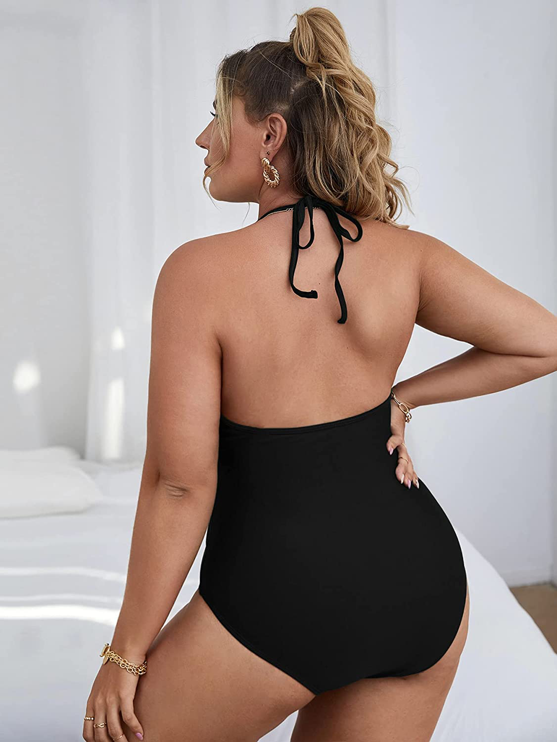 Shein Women'S plus Size Halter Neck Tie Back Knot Front One Piece Bikini Swimsuit Apparel & Accessories > Clothing > Swimwear Kylie Max   