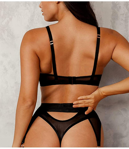 Kaei&Shi Mesh Patchwork,Underwire Peekaboo,Garter Belt,Thong,Thigh Straps,4 Piece Lingerie Apparel & Accessories > Clothing > Underwear & Socks > Lingerie Kaei&Shi   