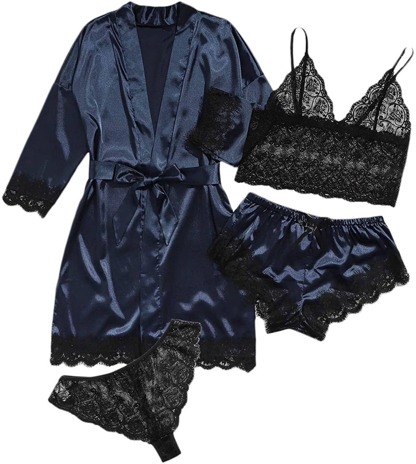 SOLY HUX Women'S Sleepwear 4Pcs Floral Lace Trim Satin Cami Pajama Set with Robe Apparel & Accessories > Clothing > Sleepwear & Loungewear Kylie Max   
