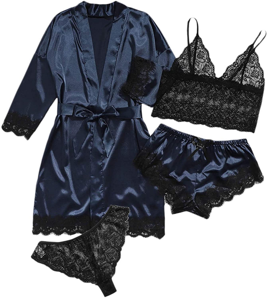 SOLY HUX Women'S Sleepwear 4Pcs Floral Lace Trim Satin Cami Pajama Set with Robe Apparel & Accessories > Clothing > Sleepwear & Loungewear Kylie Max   